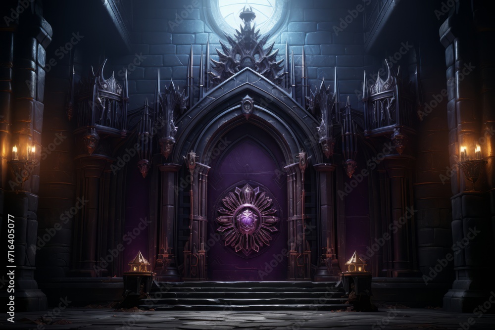 Obraz premium Impressive Fortress Wall with Heraldic Emblems, on an isolated Royal Purple background, Generative AI