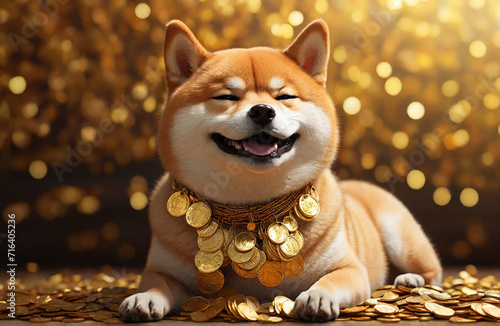 Japanese Shiba Inu dog in golden coins photo