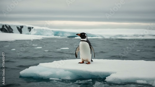 A penguin standing on an ice floe in the ocean. Generative AI.