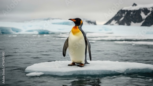 A penguin standing on an ice floe in the ocean. Generative AI.