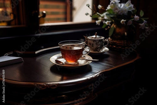 Authentic photo of steaming cup of tea on rustic wooden table