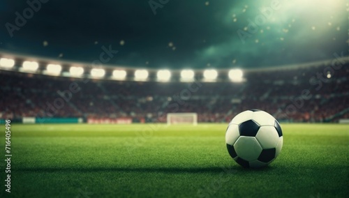 Soccer ball on grass in stadium at night. Generative AI. © serg3d