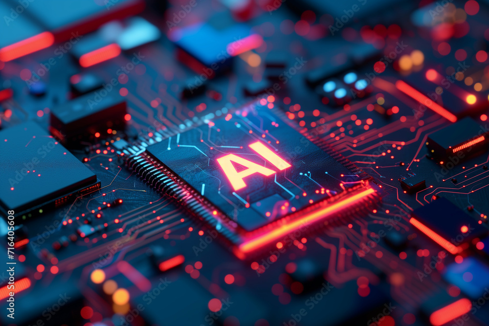 AI chip on a printed circuit board. Micro chip with AI text. Artificial intelligence concept. AI chip on a printed circuit board. Micro chip with AI text. Artificial intelligence concept.