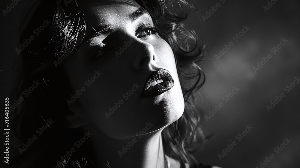 A cinematic-style portrait of a woman in a gripping moment, as if plucked from a movie scene. Employ contrasting lighting to evoke a film noir atmosphere, capturing a powerful expression. A cinematic-style portrait of a woman in a gripping moment, as if plucked from a movie scene. Employ contrasting lighting to evoke a film noir atmosphere, capturing a powerful expression.