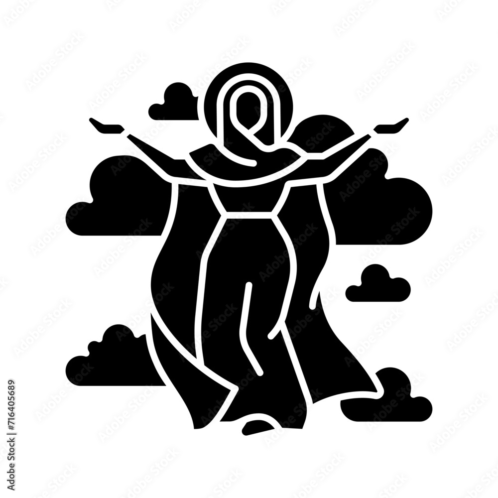 Ascended virgin mary black glyph icon. Assumption of Mary to heaven after earthly life. Immaculate mother of God. Silhouette symbol on white space. Solid pictogram. Vector isolated illustration Ascended virgin mary black glyph icon. Assumption of Mary to heaven after earthly life. Immaculate mother of God. Silhouette symbol on white space. Solid pictogram. Vector isolated illustration