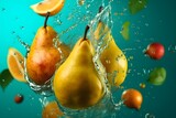 Fresh pear flying with water splashes on bright color background