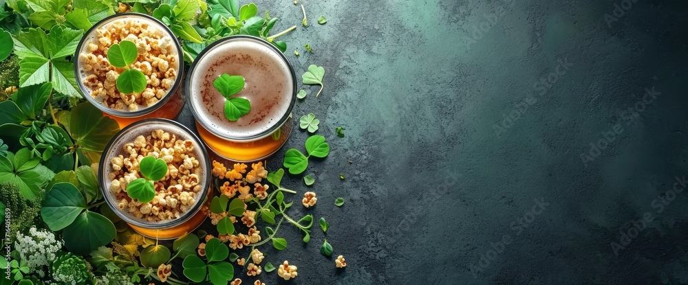 Glasses Beer Popcorn Irish Shamrock Leaves, HD, Background Wallpaper, Desktop Wallpaper