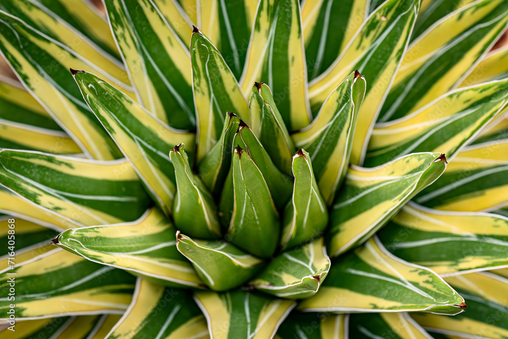 Fototapeta premium Variegated plants, agave cactus, topview, abstract natural pattern background, green and yellow toned