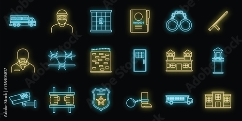 Prison human icons set. Outline set of prison human vector icons neon color on black