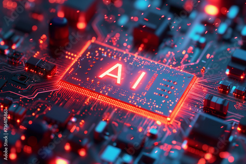 AI chip on a printed circuit board. Micro chip with AI text. Artificial intelligence concept.