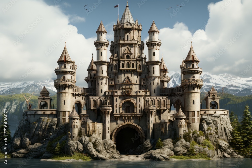 Medieval Fortress Front with Turrets, on an isolated Castle Gray background, Generative AI