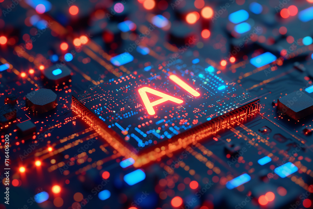 Obraz premium AI chip on a printed circuit board. Micro chip with AI text. Artificial intelligence concept.