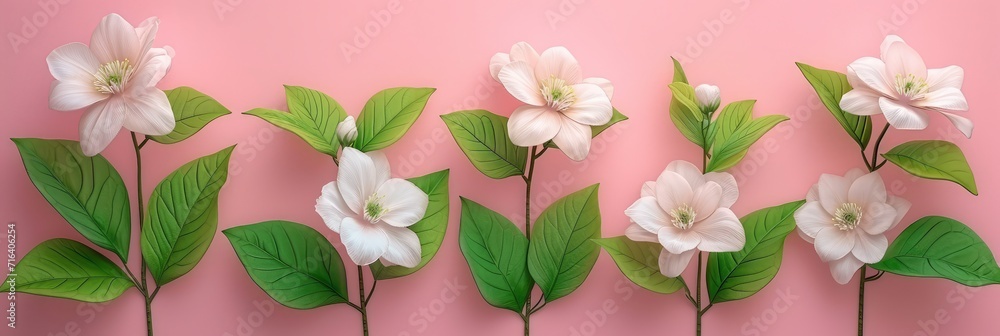 Flowers Green Leaves On Pink Background, Banner Image For Website, Background, Desktop Wallpaper