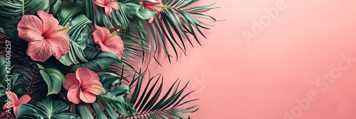 Flowers Green Leaves On Pink Background, Banner Image For Website, Background, Desktop Wallpaper