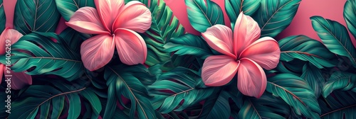Flowers Green Leaves On Pink Background  Banner Image For Website  Background  Desktop Wallpaper