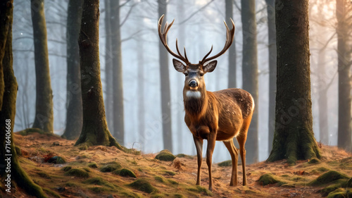 Beautiful Deer in the Forest Looking at Winter. Wildlife scene from nature. digital art © Xabi