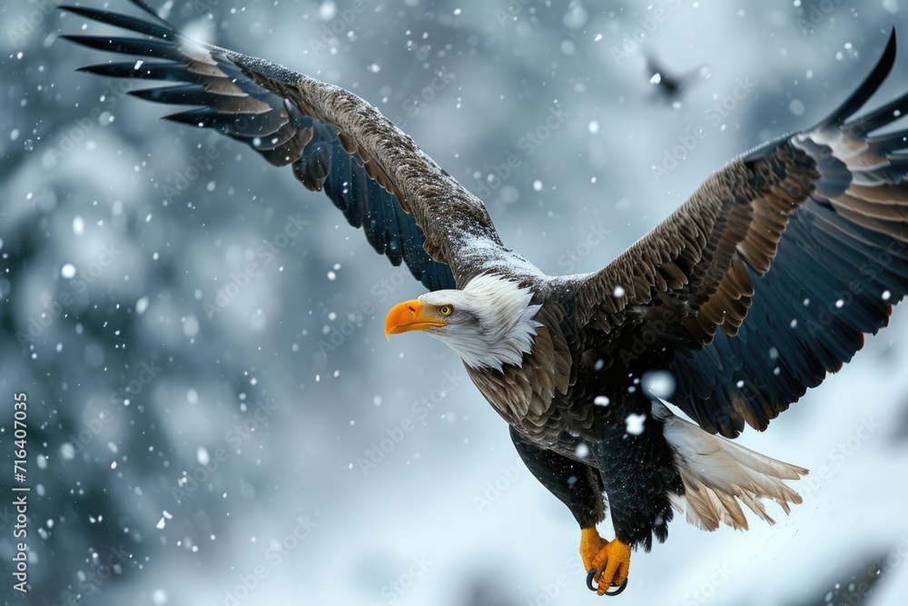 A majestic bald eagle soaring through a winter wonderland forest. Perfect for nature enthusiasts and wildlife lovers A majestic bald eagle soaring through a winter wonderland forest. Perfect for nature enthusiasts and wildlife lovers