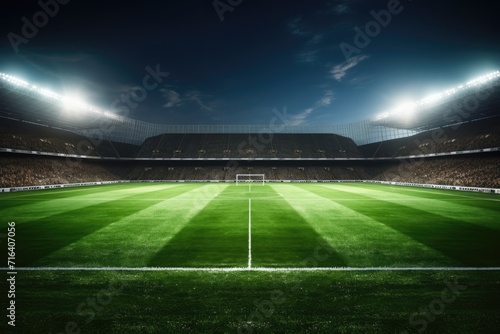 Football Field Illuminated by Stadium Lights. Night time sporting event with illuminated field
