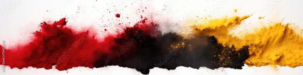 Colourful Explosion of Black Red Gold Paint Powder on Isolated White Background. German Flag - obrazy, fototapety, plakaty 