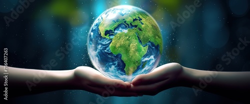 an illustration of a hand holding the earth with green earth, earth protection