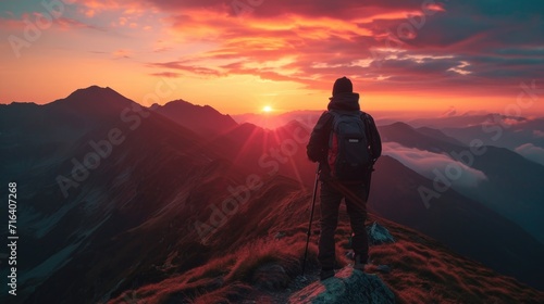 A person standing on top of a mountain, enjoying the breathtaking sunset. Perfect for travel and adventure concepts