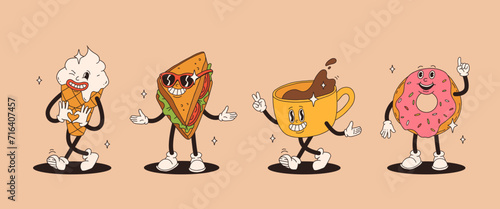 Set of fast food retro groovy cartoon character. Vintage mascot of burger, pizza, hot dog, ice cream, french fries, coffee to go, donut and soda with happy smile. Funky street food illustration