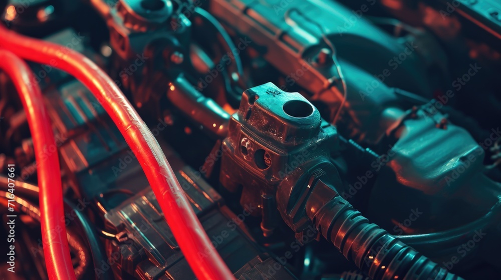 A detailed view of a car engine with vibrant red hoses. Ideal for automotive enthusiasts or mechanics. A detailed view of a car engine with vibrant red hoses. Ideal for automotive enthusiasts or mechanics.