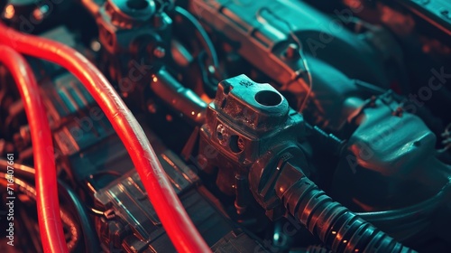 A detailed view of a car engine with vibrant red hoses. Ideal for automotive enthusiasts or mechanics.
