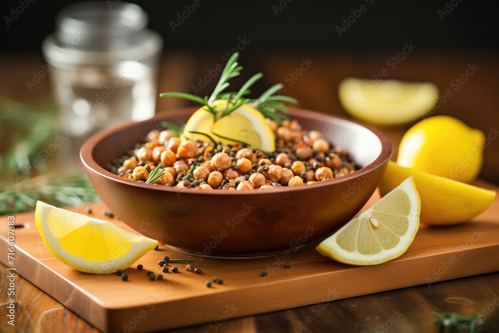 roasted chickpeas in wooden bowl with lemon slices roasted chickpeas in wooden bowl with lemon slices