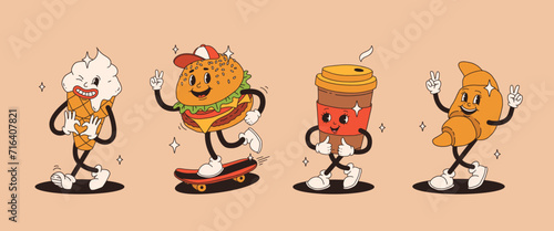 Set of fast food retro groovy cartoon character. Vintage mascot of burger, pizza, hot dog, ice cream, french fries, coffee to go, donut and soda with happy smile. Funky street food illustration