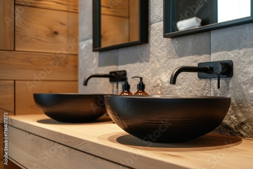 Two black bowls placed on a wooden counter, suitable for kitchen or dining room scenes