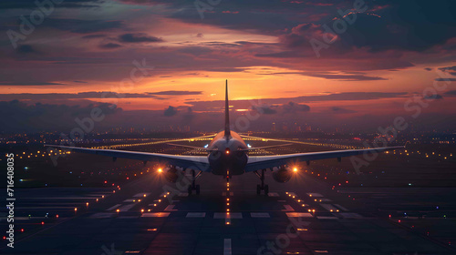 Sunset Landing: A stunning image capturing an airplane gracefully landing amidst the vibrant hues of the setting sun, blending the elements of the sky, runway, and lights