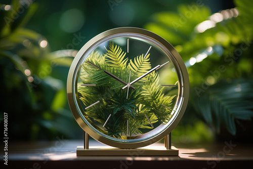Transparent glass clock, with green natural leaves inside click face, surrounded fresh green leaves on a background, environment concept, Sustainable development and responsible environmental