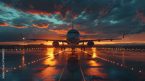 Sunset Landing: A stunning image capturing an airplane gracefully landing amidst the vibrant hues of the setting sun, blending the elements of the sky, runway, and lights photo