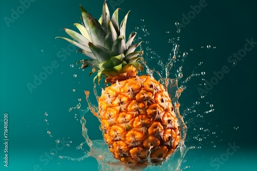 Fresh pineapple flying with water splashes on bright color background