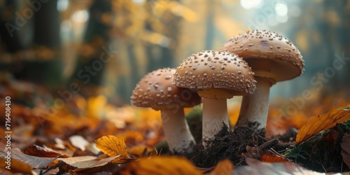 A group of mushrooms sitting on top of a pile of leaves. Suitable for nature-themed designs and illustrations