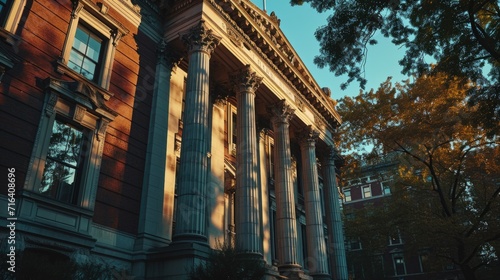 A picture of a building with columns and a clock on the front. Suitable for architectural, historical, or time-related concepts