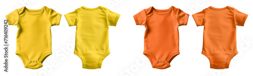 2 Set of yellow orange mustard, infant baby Bodysuit romper playsuit jumpsuit creepers, front back view on transparent background cutout, PNG file. Mockup template for artwork graphic design