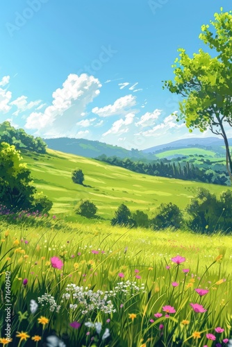 A vibrant painting depicting a field filled with colorful flowers and tall trees. Perfect for adding a touch of nature to any space