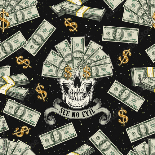 Money pattern with skull with fan of 100 dollar bills, scattered banknotes, dollar sign. Creative interpretation of Three wise monkeys. Text See no evil. Corruption concept Vintage style