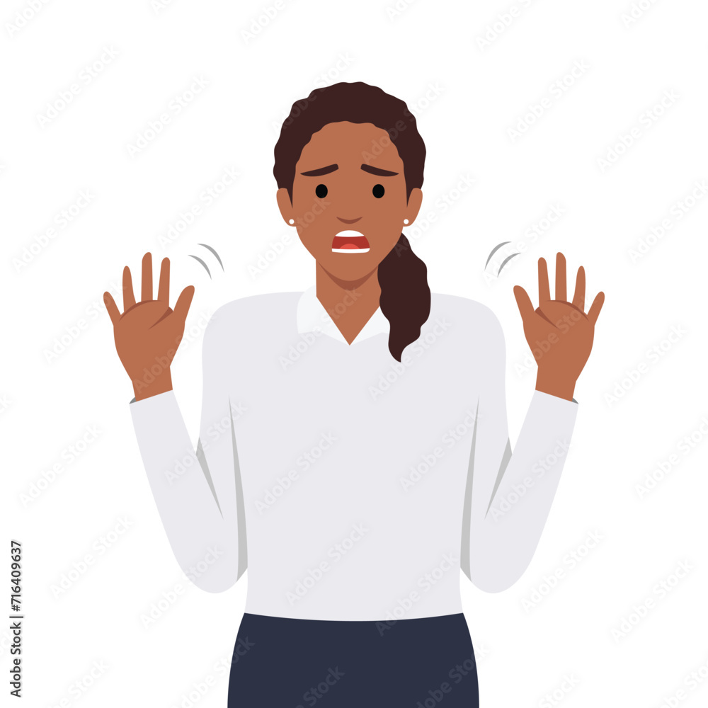 Young woman making stop with her hands. Say No or not me. Flat vector illustration isolated on white background Young woman making stop with her hands. Say No or not me. Flat vector illustration isolated on white background