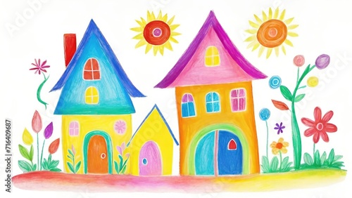 Childlike Drawing of Family House, Tree, Sun Illustration, Colorful Crayon Isolated on White Background