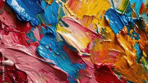 A close up view of a vibrant and dynamic painting with a multitude of colors. This abstract artwork can add a splash of color and energy to any space