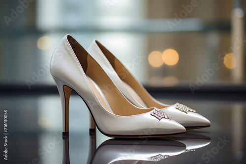 Detail of white bridal shoes with rhinestones © jimenezar