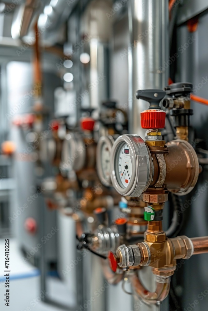A detailed view of a collection of pipes with gauges. This image can be used to illustrate industrial processes or plumbing systems A detailed view of a collection of pipes with gauges. This image can be used to illustrate industrial processes or plumbing systems