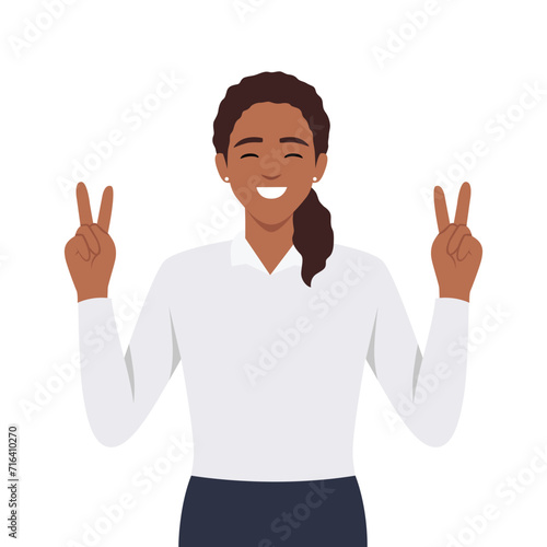 Young woman with peace signs. sign language gesticulation, peace gesture. Good mood, gladness joyfulness and positive emotion concept. Flat vector illustration isolated on white background