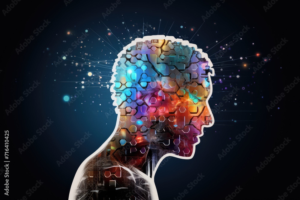 Vibrant realm brain, colorful neuronal network convergent thinking. Axon traverse thoughts, suppressor pathway. Wakefulness frontal lobe function, mindset habits. Neuronal network magnetic pull axon. - obrazy, fototapety, plakaty 