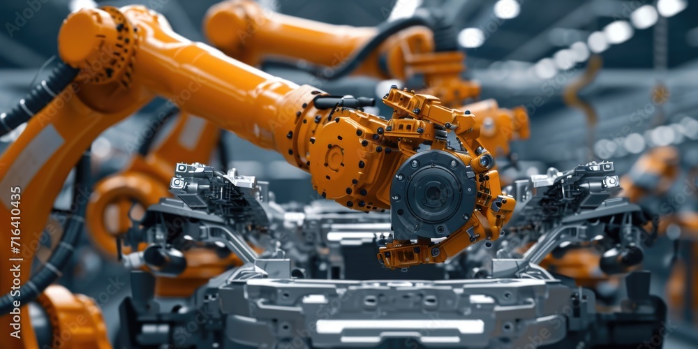 Robots diligently working on a car. Perfect for showcasing advanced technology and automation in the automotive industry Robots diligently working on a car. Perfect for showcasing advanced technology and automation in the automotive industry