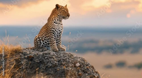 leopard sitting on a rock in the grassland photo