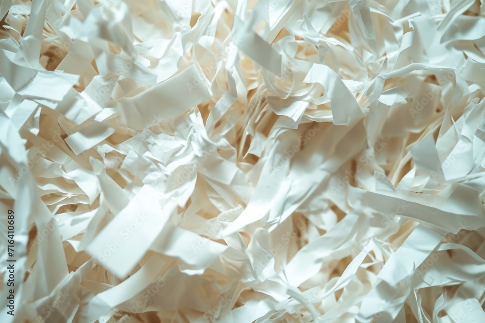 Shredded white paper piled up on a table. Can be used for concepts related to recycling, waste management, or office organization Shredded white paper piled up on a table. Can be used for concepts related to recycling, waste management, or office organization